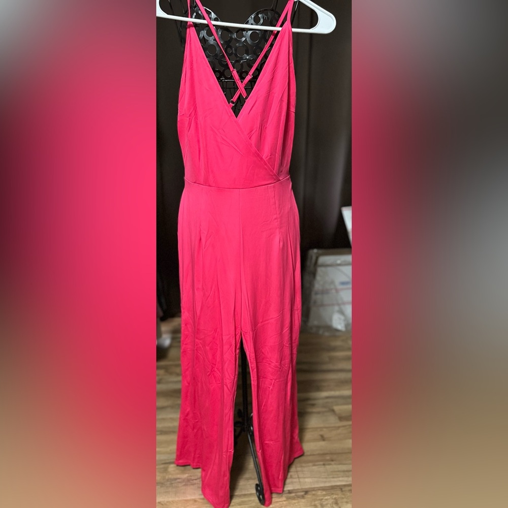 Hot Pink V-Neck Jumpsuit With Criss Crossโ Back